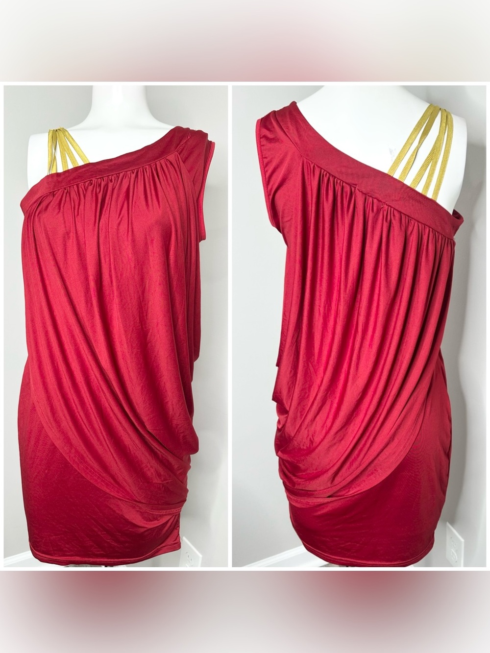 Asymmetric Draped One-Shoulder Tunic with Gold Strap - Red